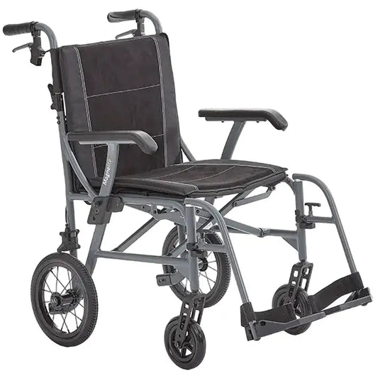 Introducing the Motion Healthcare Magnelite Transit Wheelchair, a lightweight and versatile mobility solution for indoor and outdoor use. Its folding aluminum frame ensures easy storage and transportation, while the magnesium alloy construction offers durability and style. Features include cushioned seating, folding armrests, quick-release rear wheels, and attendant brakes for safety and convenience. Experience newfound comfort and independence with the Motion Healthcare Magnelite Transit Wheelchair._img