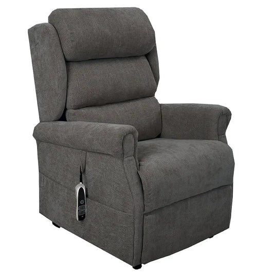 The Dinsdale Independent Dual-Motor Riser Recliner Chair offers ultimate comfort with independent backrest and footrest adjustment, a USB charging port, twin magazine pockets, and handy fabric hooks for easy control access._img