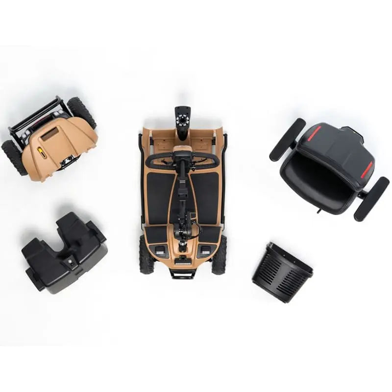 The Baja Bandit On and Off Road Lithium Mobility Scooter is a robust, speedy outdoor mobility scooter with superior suspension, puncture-proof tyres, and a small turning radius. It features an 8 kph (12.9 mph) top speed, a range of up to 23.3 km (14.5 miles), and can carry up to 28 stone (181 kg). The Bandit is equipped with lithium batteries, an adjustable tiller, bumper guards, LED lights, and an innovative braking system for enhanced safety.