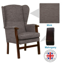 Load image into Gallery viewer, Mobility-World-Ltd-UK-Burton-High-Back-Chair-Mink-Fabric-Mahogany-Wood