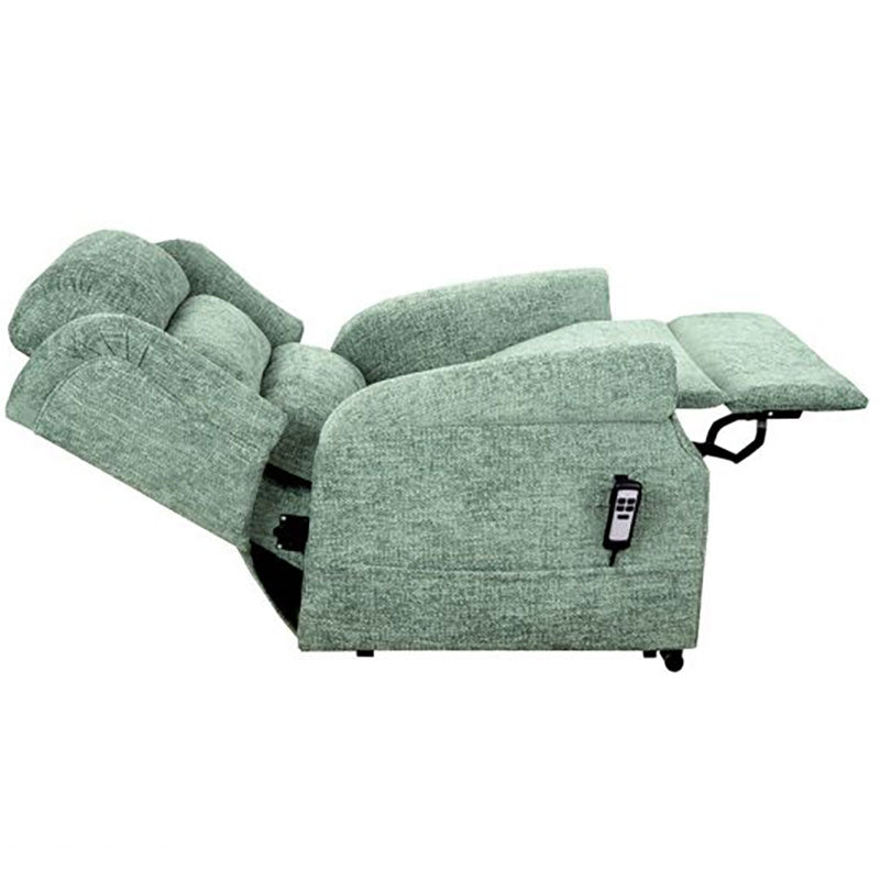 Mobility World Ltd Uk - Jubilee Dual Motor Riser Recliner Waterfall Back Duck Egg Side View Reclined and Footrest