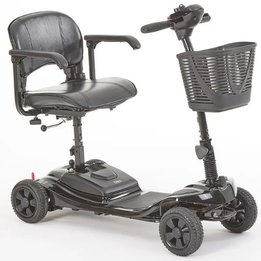 Inspired by our Lithilite and Alumina models, the affordable Airscape Portable Travel Scooter with Lithium Battery is perfect for new mobility users.  Lightweight and budget-friendly, it disassembles easily, with the heaviest part at 33 lbs. The 4.5 lb Lithium-ion battery supports up to 21 stone for 10 miles per charge.  Features include simple controls, a swivel seat, and flip-up armrests. Available in Black, the Airscape is a compact and valuable mobility solution._img