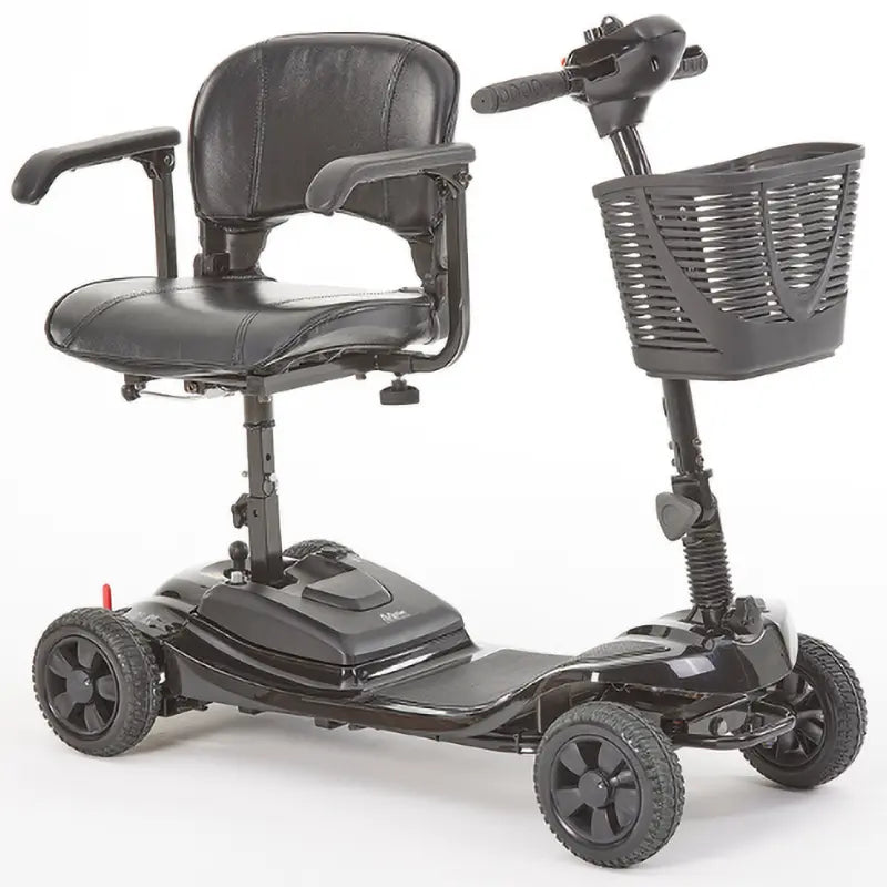 Inspired by our Lithilite and Alumina models, the affordable Airscape Portable Travel Scooter with Lithium Battery is perfect for new mobility users. Lightweight and budget-friendly, it disassembles easily, with the heaviest part at 33 lbs. The 4.5 lb Lithium-ion battery supports up to 21 stone for 10 miles per charge. Features include simple controls, a swivel seat, and flip-up armrests. Available in Black, the Airscape is a compact and valuable mobility solution.