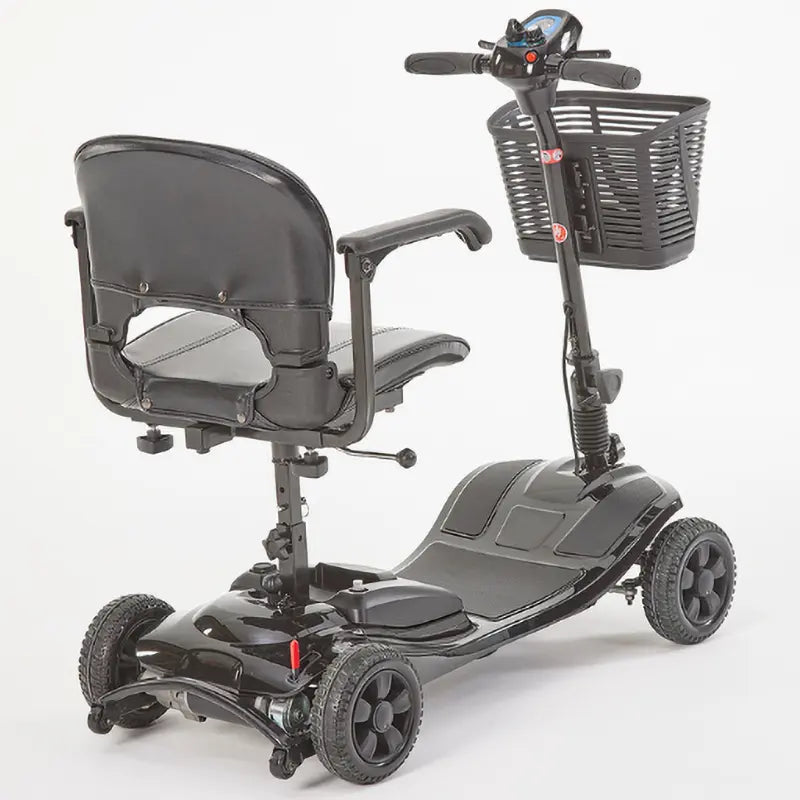 Inspired by our Lithilite and Alumina models, the affordable Airscape Portable Travel Scooter with Lithium Battery is perfect for new mobility users. Lightweight and budget-friendly, it disassembles easily, with the heaviest part at 33 lbs. The 4.5 lb Lithium-ion battery supports up to 21 stone for 10 miles per charge. Features include simple controls, a swivel seat, and flip-up armrests. Available in Black, the Airscape is a compact and valuable mobility solution.