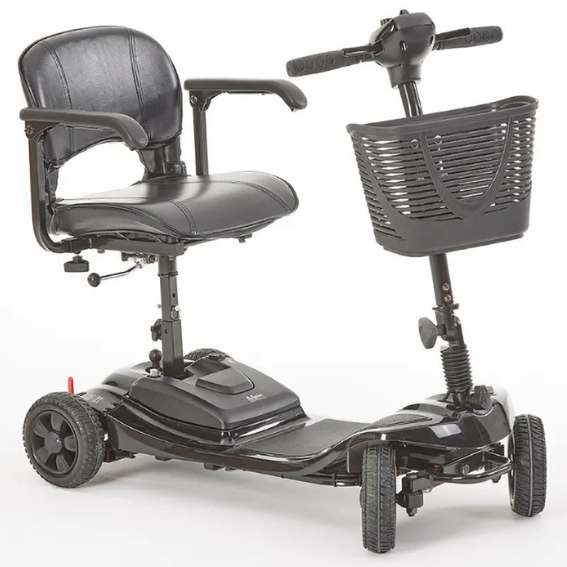 Inspired by our Lithilite and Alumina models, the affordable Airscape Portable Travel Scooter with Lithium Battery is perfect for new mobility users. Lightweight and budget-friendly, it disassembles easily, with the heaviest part at 33 lbs. The 4.5 lb Lithium-ion battery supports up to 21 stone for 10 miles per charge. Features include simple controls, a swivel seat, and flip-up armrests. Available in Black, the Airscape is a compact and valuable mobility solution.