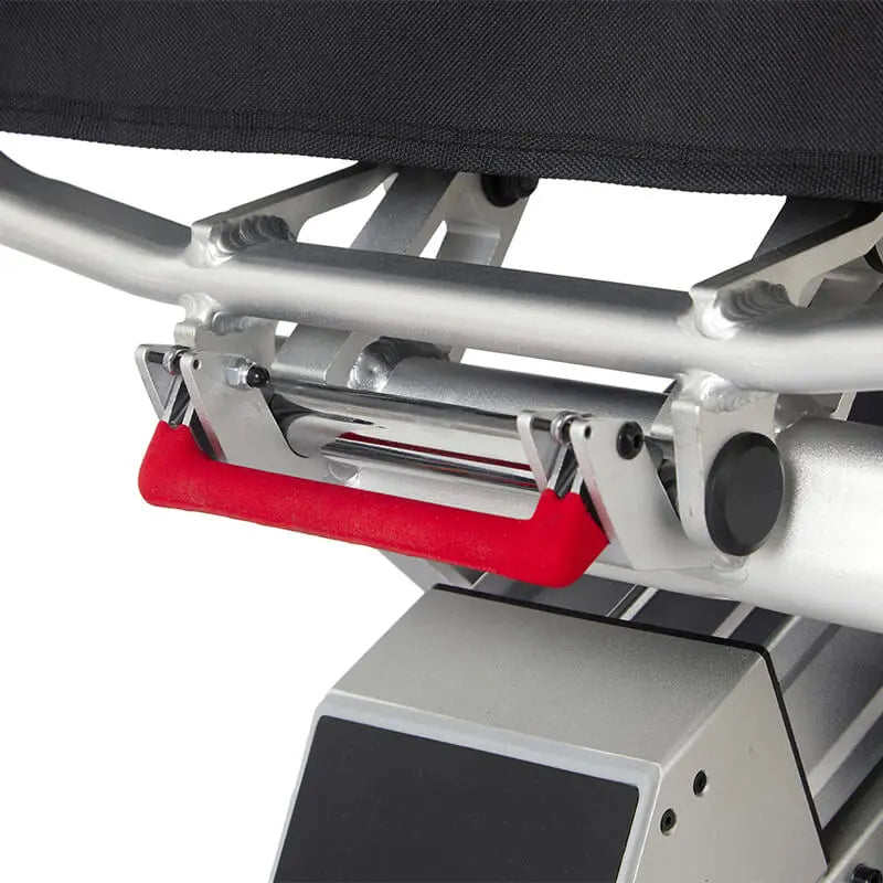 Aerolite Trekker Folding Electric Wheelchair: versatile for on and off-road use, easy to fold/unfold, adjustable back, armrests, footrest, dual batteries for 18 miles, anti-tip wheels, advanced suspension, 250W motors, contoured cushion, user-friendly controls, USB socket, auto shut-down, SOS alarm, three joystick settings, 29km range.