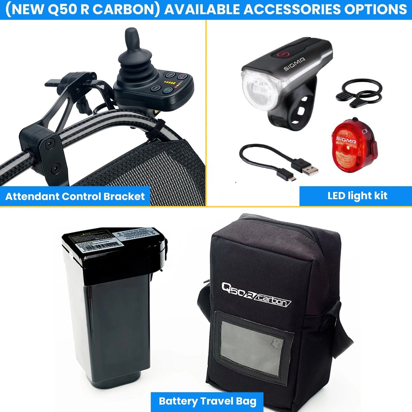 Collection of accessories for Quickie Q50 R Carbon Folding Powerchair including an attendant control bracket, LED light kit, battery, and travel bag.