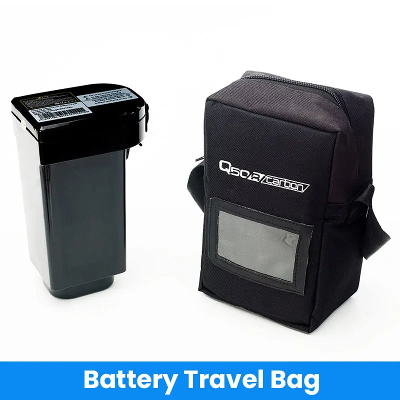 Quickie Q50 R Carbon Folding Powerchair Black battery travel bag with visible branding on a white background