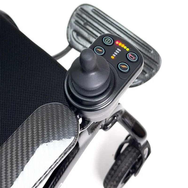 Control panel of a Quickie Q50 R Carbon Folding Powerchair with buttons and display on a white background