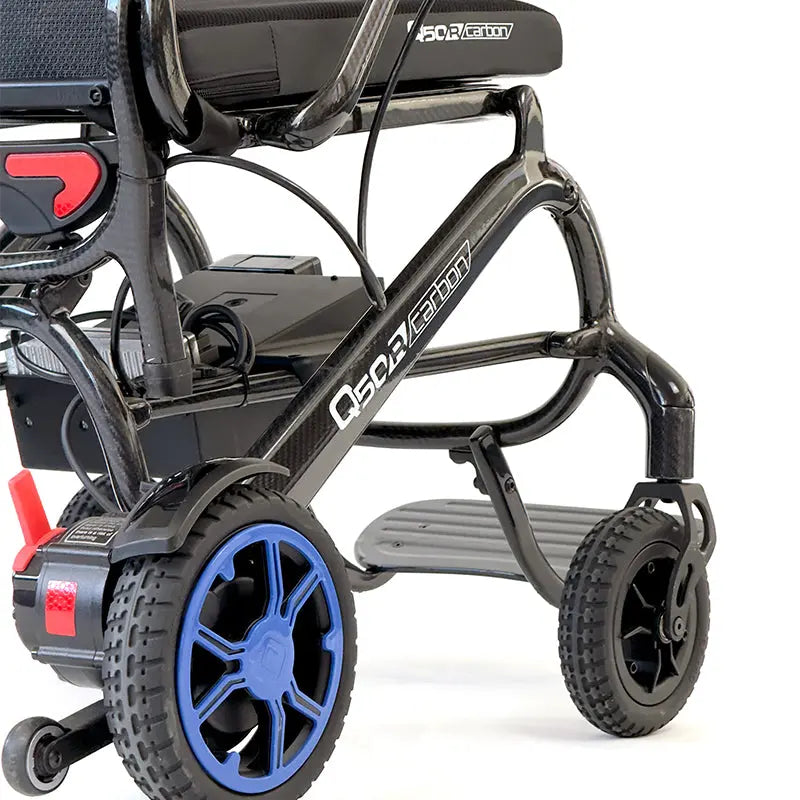 Quickie Q50 R Carbon Folding Powerchair with blue wheels