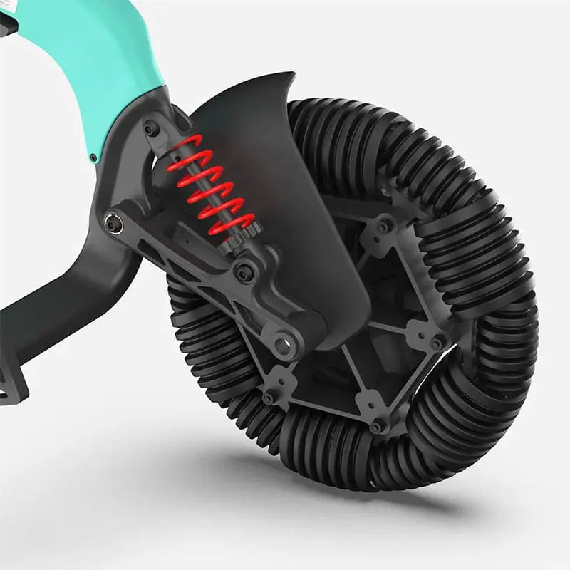 Close up Robooter E60 Pro All Terrain Electric Folding Powerchair advanced front suspension