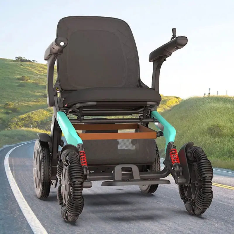 Robooter E60 Pro All Terrain Electric Folding Powerchairs on a road with a scenic background