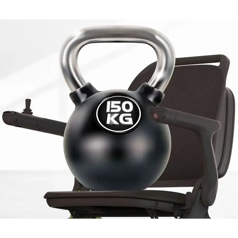 Black kettlebell with '150 KG' label on a Robooter E80 Ultra Carbon Fiber Lightweight Folding Powerchair