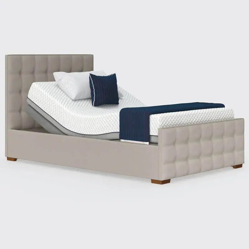The Edel sports a matching detailed head and foot board giving it a grand, plush appearance. Comes as standard with back/leg adjustment, wireless control and zero gravity mode.