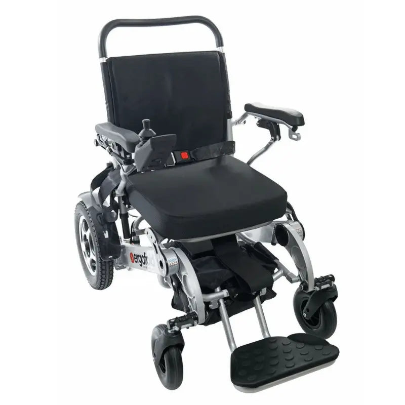 Experience the ultimate in mobility with the Ergofold Elite folding electric wheelchair. Its advanced motors, controller, and up to three batteries provide unmatched performance and range. The tension back and seat, flip-up armrests, seat belt, and 10cm cushion all contribute to a comfortable and secure ride. Plus, the white and red reflectors and 12 inch pneumatic rear wheels ensure stability and safety. With one-step quick folding, this wheelchair is perfect for those on the go.