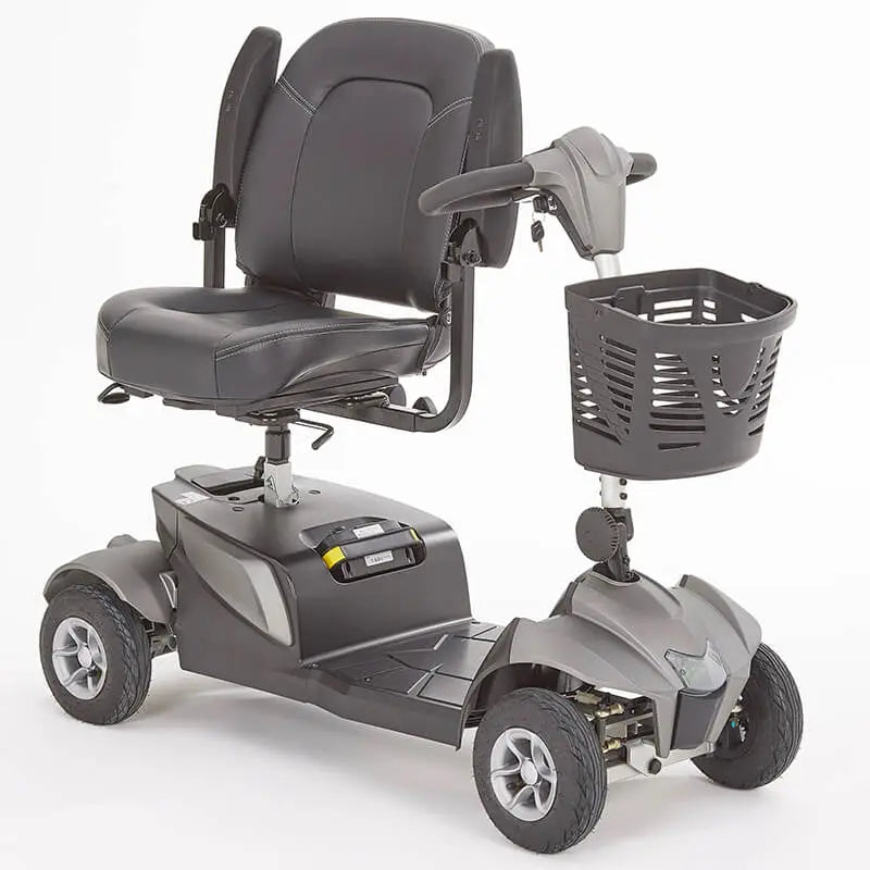 The Motion Healthcare Aura builds on the Airium's success, offering a lightweight aluminium frame (15.5kg) and a 2.6kg lithium battery with a 21-mile range. Features include pneumatic tyres, front/rear suspension, an adjustable swivelling captain's seat with flip-up armrests, and a digital LCD control panel with a front light, indicators, and adjustable delta tiller. It disassembles into six parts for easy transport, making it ideal for various terrains and travel.