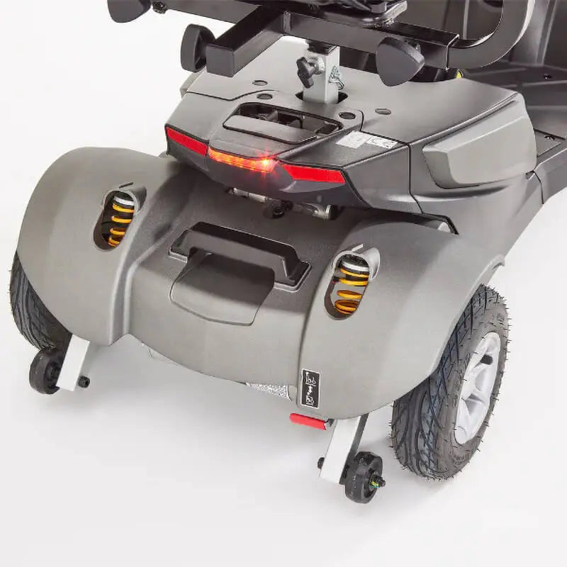 The Motion Healthcare Aura builds on the Airium's success, offering a lightweight aluminium frame (15.5kg) and a 2.6kg lithium battery with a 21-mile range. Features include pneumatic tyres, front/rear suspension, an adjustable swivelling captain's seat with flip-up armrests, and a digital LCD control panel with a front light, indicators, and adjustable delta tiller. It disassembles into six parts for easy transport, making it ideal for various terrains and travel.