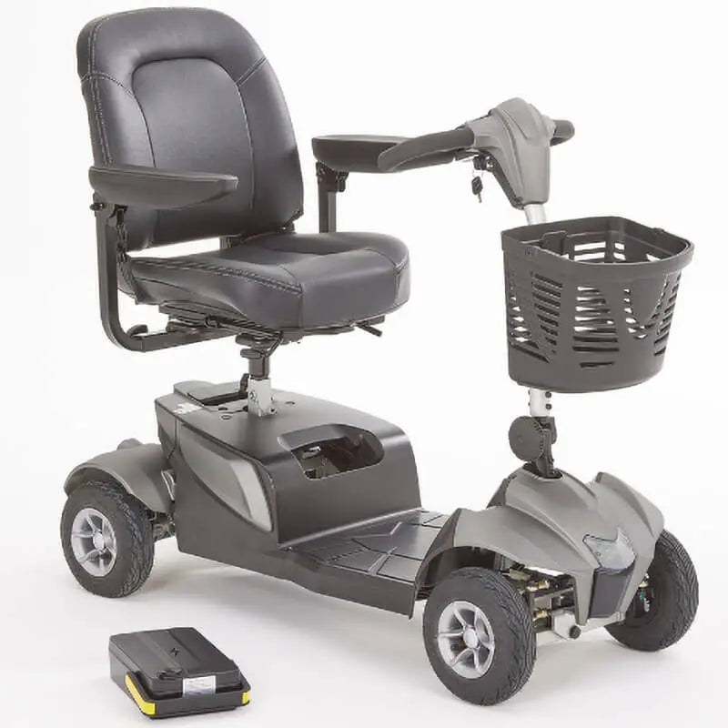 The Motion Healthcare Aura builds on the Airium's success, offering a lightweight aluminium frame (15.5kg) and a 2.6kg lithium battery with a 21-mile range. Features include pneumatic tyres, front/rear suspension, an adjustable swivelling captain's seat with flip-up armrests, and a digital LCD control panel with a front light, indicators, and adjustable delta tiller. It disassembles into six parts for easy transport, making it ideal for various terrains and travel.