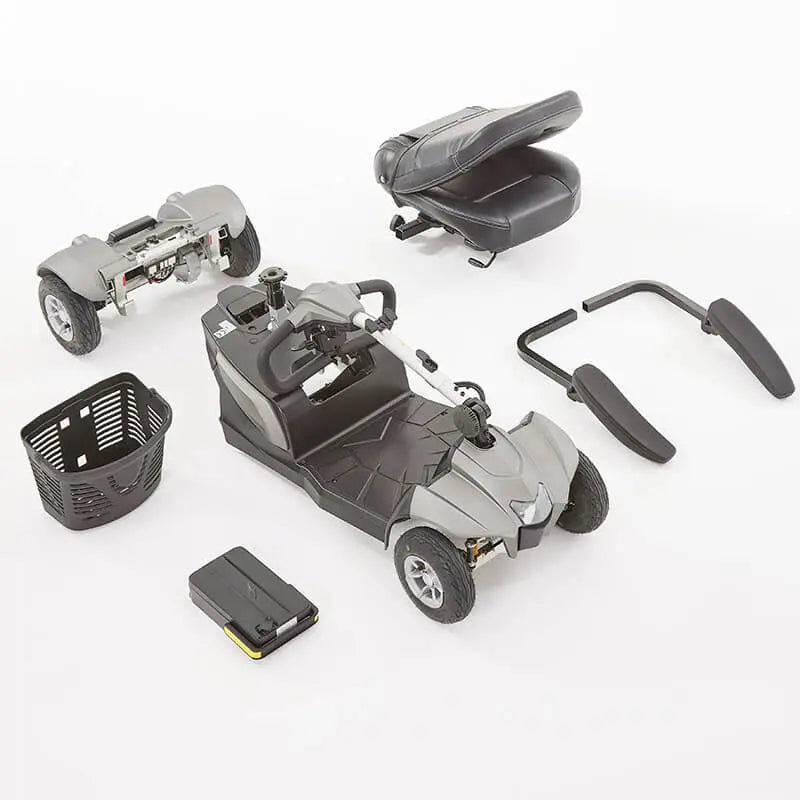 The Motion Healthcare Aura builds on the Airium's success, offering a lightweight aluminium frame (15.5kg) and a 2.6kg lithium battery with a 21-mile range. Features include pneumatic tyres, front/rear suspension, an adjustable swivelling captain's seat with flip-up armrests, and a digital LCD control panel with a front light, indicators, and adjustable delta tiller. It disassembles into six parts for easy transport, making it ideal for various terrains and travel.