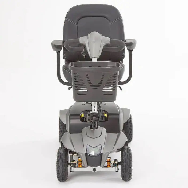 The Motion Healthcare Aura builds on the Airium's success, offering a lightweight aluminium frame (15.5kg) and a 2.6kg lithium battery with a 21-mile range. Features include pneumatic tyres, front/rear suspension, an adjustable swivelling captain's seat with flip-up armrests, and a digital LCD control panel with a front light, indicators, and adjustable delta tiller. It disassembles into six parts for easy transport, making it ideal for various terrains and travel.