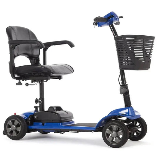 The eTravel Portable Mobility Scooter is lightweight, compact, and perfect for travel. It features a quick-release T-bar and easy disassembly for effortless transport and storage. Enjoy comfort with soft handgrips, a dual-rotating padded seat, and a large storage basket. With excellent traction, stability, and a user weight capacity of up to 21 stone, this scooter is reliable and affordable._img