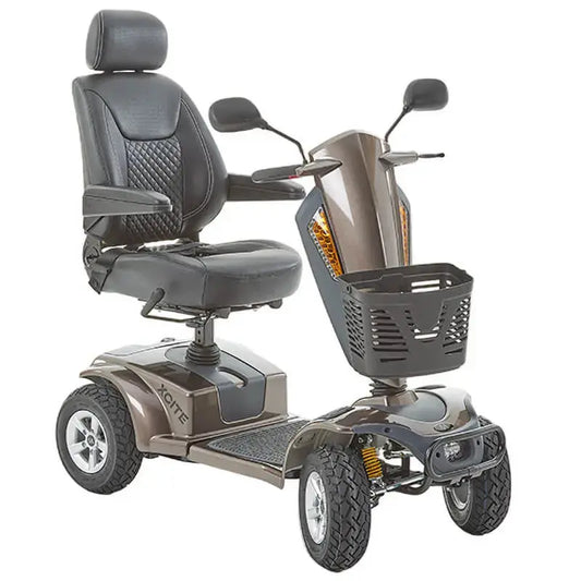 The Motion Healthcare Xcite Li Mobility Scooter offers a 45-mile range and 8 mph top speed with safe lithium phosphate batteries. It features large wheels, suspension, a padded Captain's seat, and an adjustable tiller.  Ideal for all terrains, it includes lights, indicators, a horn, and high ground clearance, supporting up to 25 stone. Additional conveniences are a storage basket and USB charging port.  The Xcite Li combines modern styling, ease of use, and robust performance for all journeys._img
