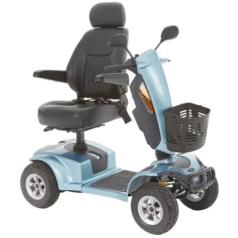 The Motion Healthcare Xcite Li Mobility Scooter offers a 45-mile range and 8 mph top speed with safe lithium phosphate batteries. It features large wheels, suspension, a padded Captain's seat, and an adjustable tiller.  Ideal for all terrains, it includes lights, indicators, a horn, and high ground clearance, supporting up to 25 stone. Additional conveniences are a storage basket and USB charging port.  The Xcite Li combines modern styling, ease of use, and robust performance for all journeys.