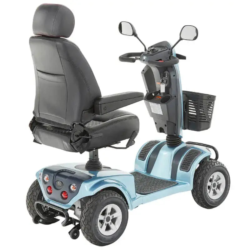 The Motion Healthcare Xcite Li Mobility Scooter offers a 45-mile range and 8 mph top speed with safe lithium phosphate batteries. It features large wheels, suspension, a padded Captain's seat, and an adjustable tiller.  Ideal for all terrains, it includes lights, indicators, a horn, and high ground clearance, supporting up to 25 stone. Additional conveniences are a storage basket and USB charging port.  The Xcite Li combines modern styling, ease of use, and robust performance for all journeys.