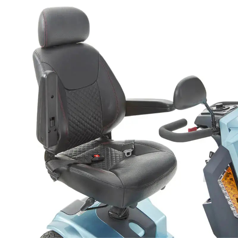 The Motion Healthcare Xcite Li Mobility Scooter offers a 45-mile range and 8 mph top speed with safe lithium phosphate batteries. It features large wheels, suspension, a padded Captain's seat, and an adjustable tiller.  Ideal for all terrains, it includes lights, indicators, a horn, and high ground clearance, supporting up to 25 stone. Additional conveniences are a storage basket and USB charging port.  The Xcite Li combines modern styling, ease of use, and robust performance for all journeys.