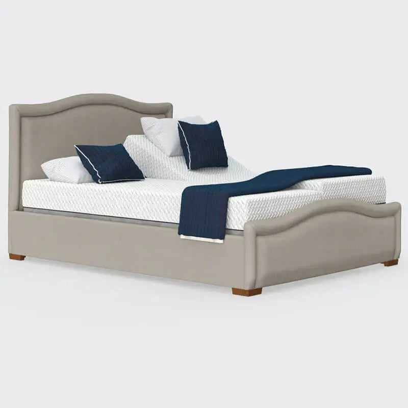The Edel Dual is a British-made, adjustable bed with a split mattress platform for independent control. It features detailed head and footboards, smart backlit handsets, and an ergonomic design with soft-touch buttons. Available in King Dual (150cm/5ft) and Super King Dual (180cm/6ft) with various fabrics. It includes NASA's Zero-Gravity feature for pressure-free comfort and Anti-Snore Technology for a peaceful sleep.