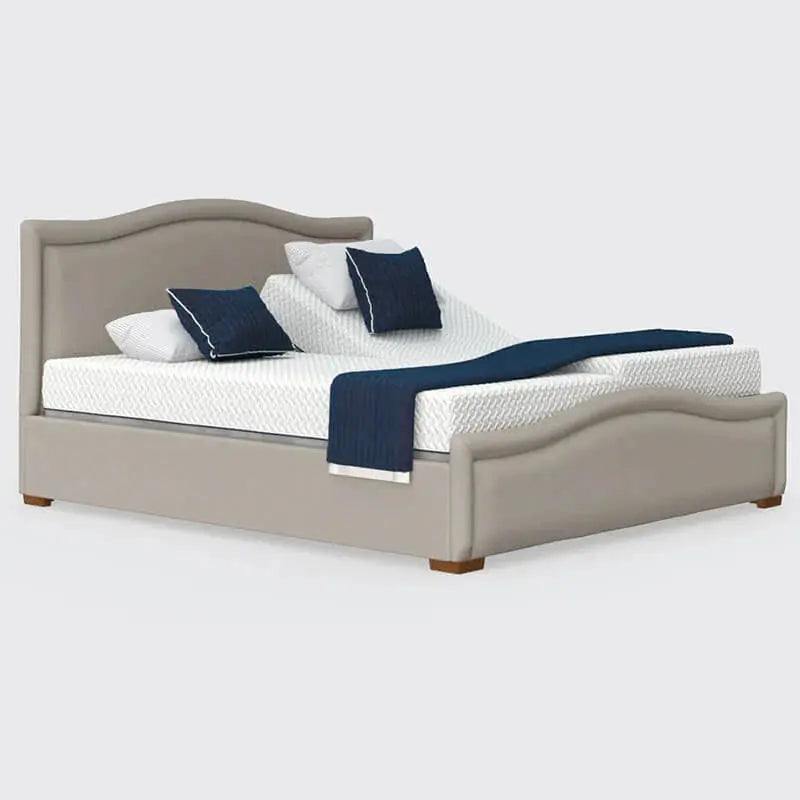 The Edel Dual is a British-made, adjustable bed with a split mattress platform for independent control. It features detailed head and footboards, smart backlit handsets, and an ergonomic design with soft-touch buttons. Available in King Dual (150cm/5ft) and Super King Dual (180cm/6ft) with various fabrics. It includes NASA's Zero-Gravity feature for pressure-free comfort and Anti-Snore Technology for a peaceful sleep.