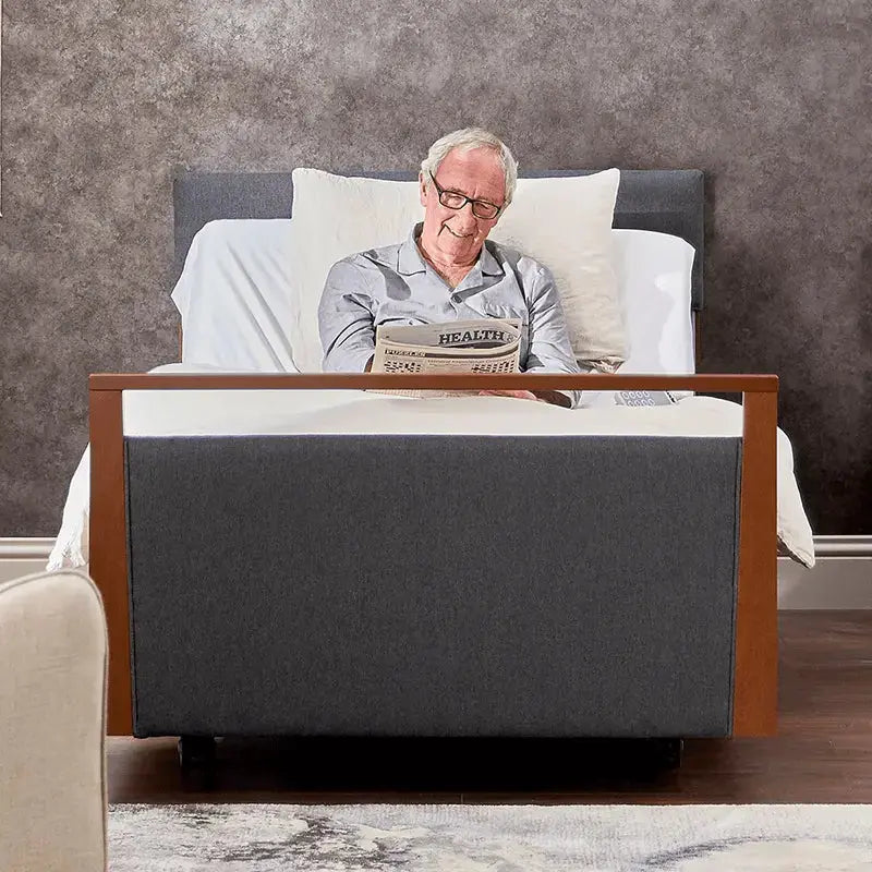 The Opera® Signature Upholstered is height adjustable for nursing and access. The bed has an extensive height range that allows it to be lowered close to the floor and raised to a carer's waist level.