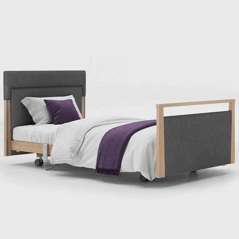 The Opera® Signature Upholstered is height adjustable for nursing and access. The bed has an extensive height range that allows it to be lowered close to the floor and raised to a carer's waist level.