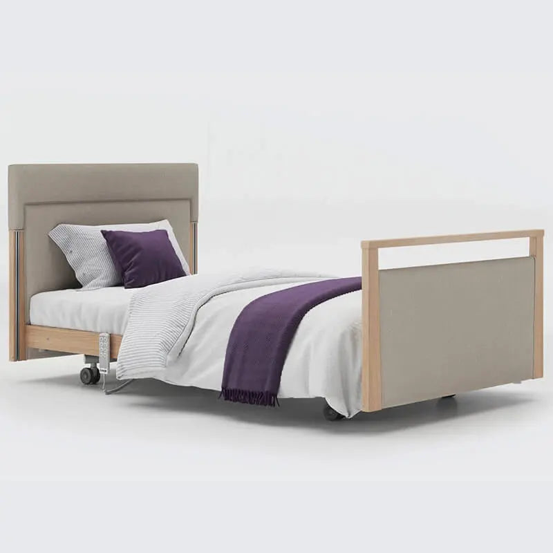 The Opera® Signature Upholstered is height adjustable for nursing and access. The bed has an extensive height range that allows it to be lowered close to the floor and raised to a carer's waist level.