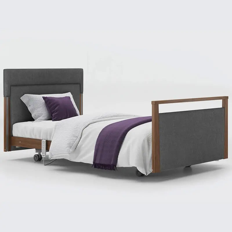 The Opera® Signature Upholstered is height adjustable for nursing and access. The bed has an extensive height range that allows it to be lowered close to the floor and raised to a carer's waist level.