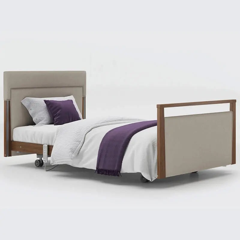 The Opera® Signature Upholstered is height adjustable for nursing and access. The bed has an extensive height range that allows it to be lowered close to the floor and raised to a carer's waist level.