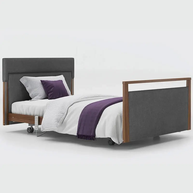 The Opera® Signature Upholstered is height adjustable for nursing and access. The bed has an extensive height range that allows it to be lowered close to the floor and raised to a carer's waist level.