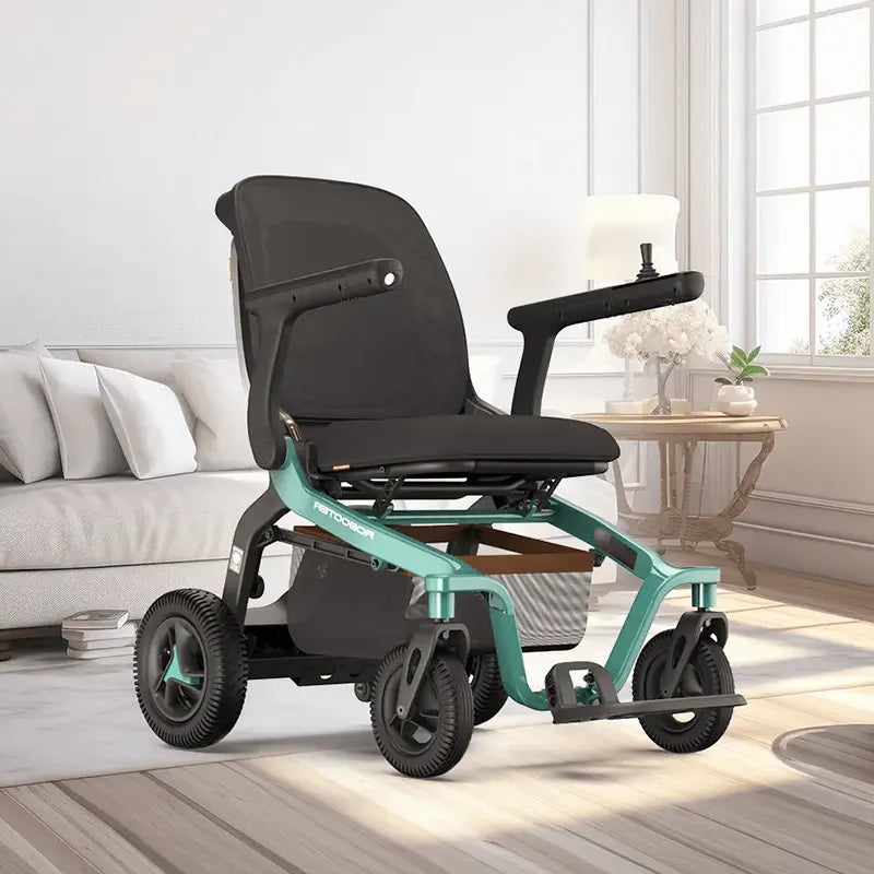 The Robooter E40 is a sleek, foldable indoor electric wheelchair that flawlessly blends performance, portability, and style. It is designed for easy daily usage, with ample leg space and a compact turning radius, and is powered by a powerful 20AH lithium-ion battery that can travel 14.3 miles on a single charge. Its lightweight design allows for easy manoeuvrability on a variety of floor surfaces, making it suitable for transportation in cars, airlines, and more.