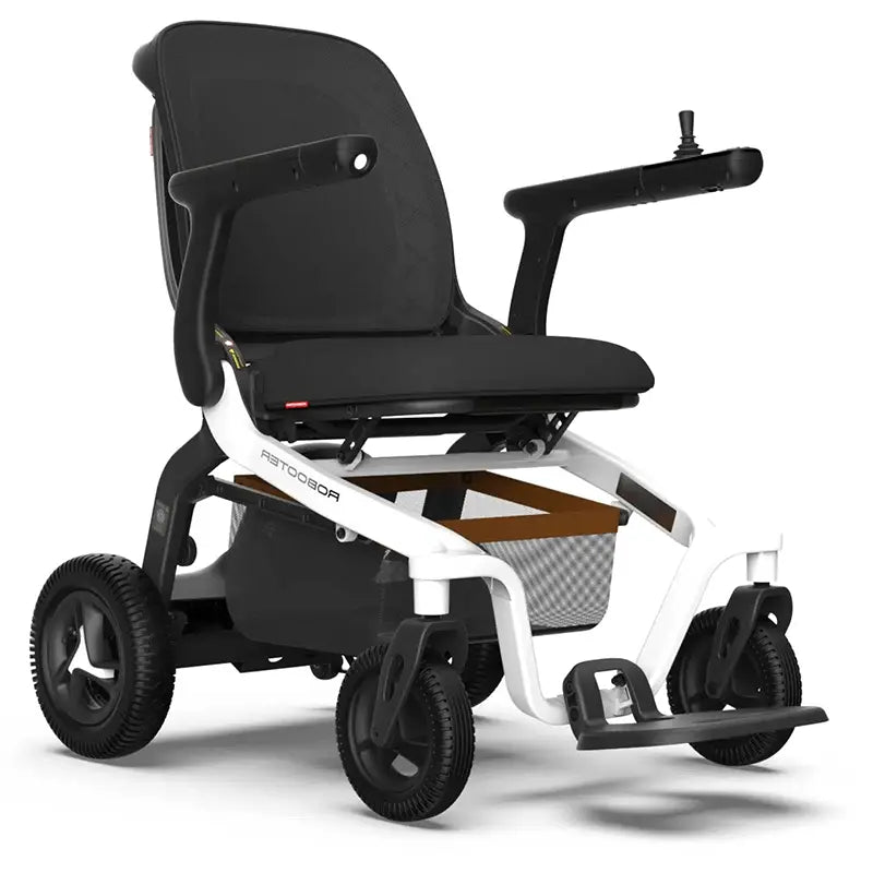 A compact and foldable Robooter E40 Indoor Folding Powerchair Classic White with a black seat and safety features, including a control panel and storage compartment.