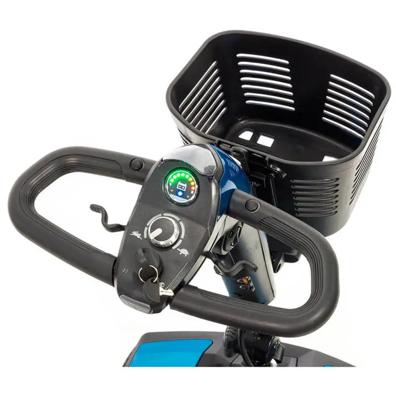 Close-up of Pride Jazzy Zero Turn Travel Scooter handlebar with control panel and basket