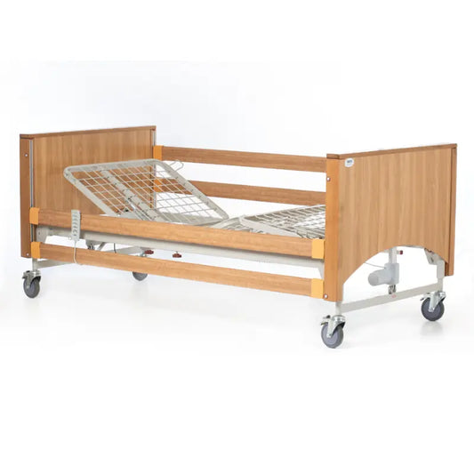 The bed frame is made from sturdy wood and comes with a 3-year warranty, while the motors and electrics are covered by a 2-year warranty. The bed can be dismantled for easy storage or transporting, and is available in Oak or Walnut wood finish._img