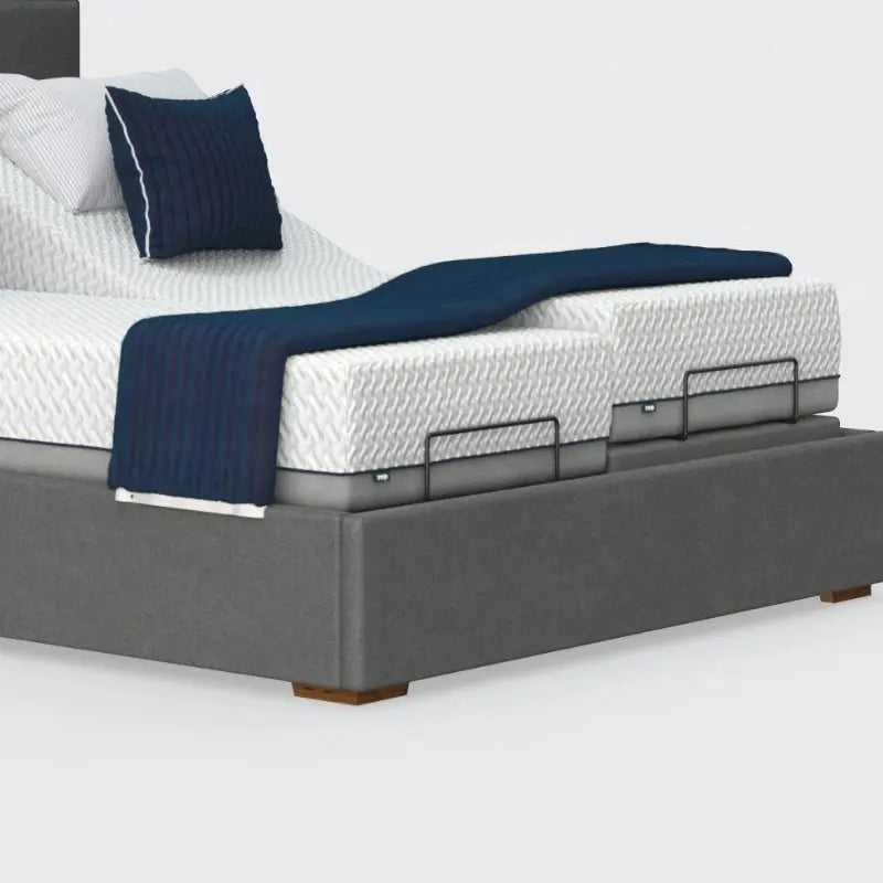 The Hagen Dual has a split/twin mattress platform allowing each side to be controlled independently. The bed a deep base design with four wooden corner feet