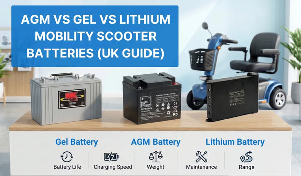 AGM, Gel and Lithium mobility scooter batteries compared side by side with a mobility scooter in the background.