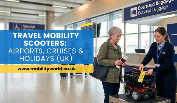 Traveller checking in a folding mobility scooter at an airport oversized baggage desk in the UK.