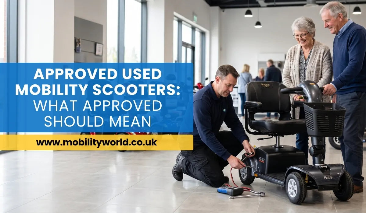 Mobility engineer inspecting an approved used mobility scooter before sale in a professional UK showroom.