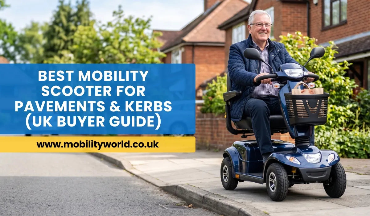 Elderly man using a mobility scooter on a UK pavement with a dropped kerb.