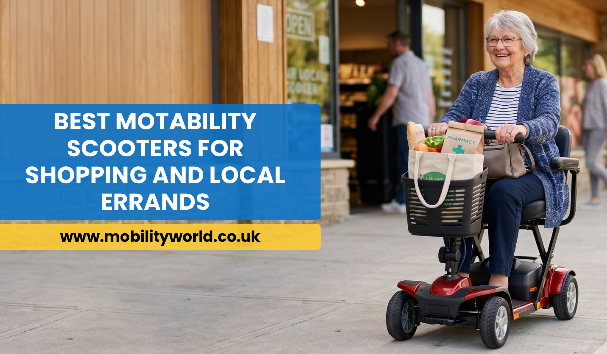 Older woman riding a mobility scooter with a shopping basket outside a local grocery store