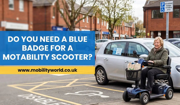 Older adult using a mobility scooter near a Blue Badge disabled parking bay