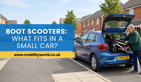 Lightweight folding mobility scooter being loaded into a small car boot in the UK.