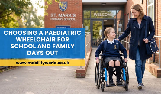 Child using a paediatric wheelchair arriving confidently at school with a parent.